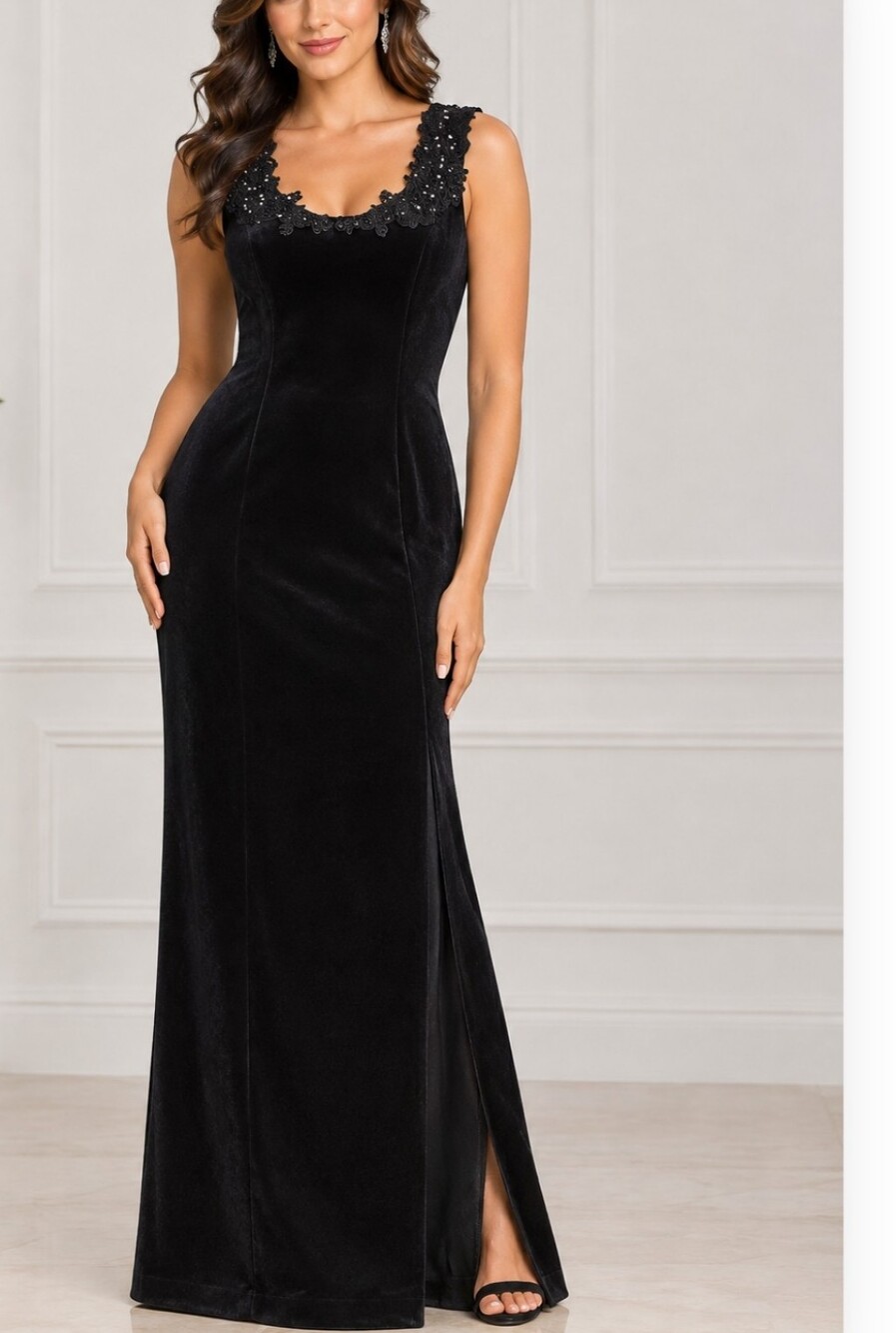 Vintage 90s Black Velvet Evening Gown Beaded Lace High Slit Maxi Dress